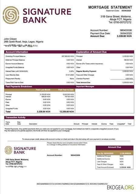 Modèle Word et PDF de relevé hypothécaire de la Nigeria Signature Bank